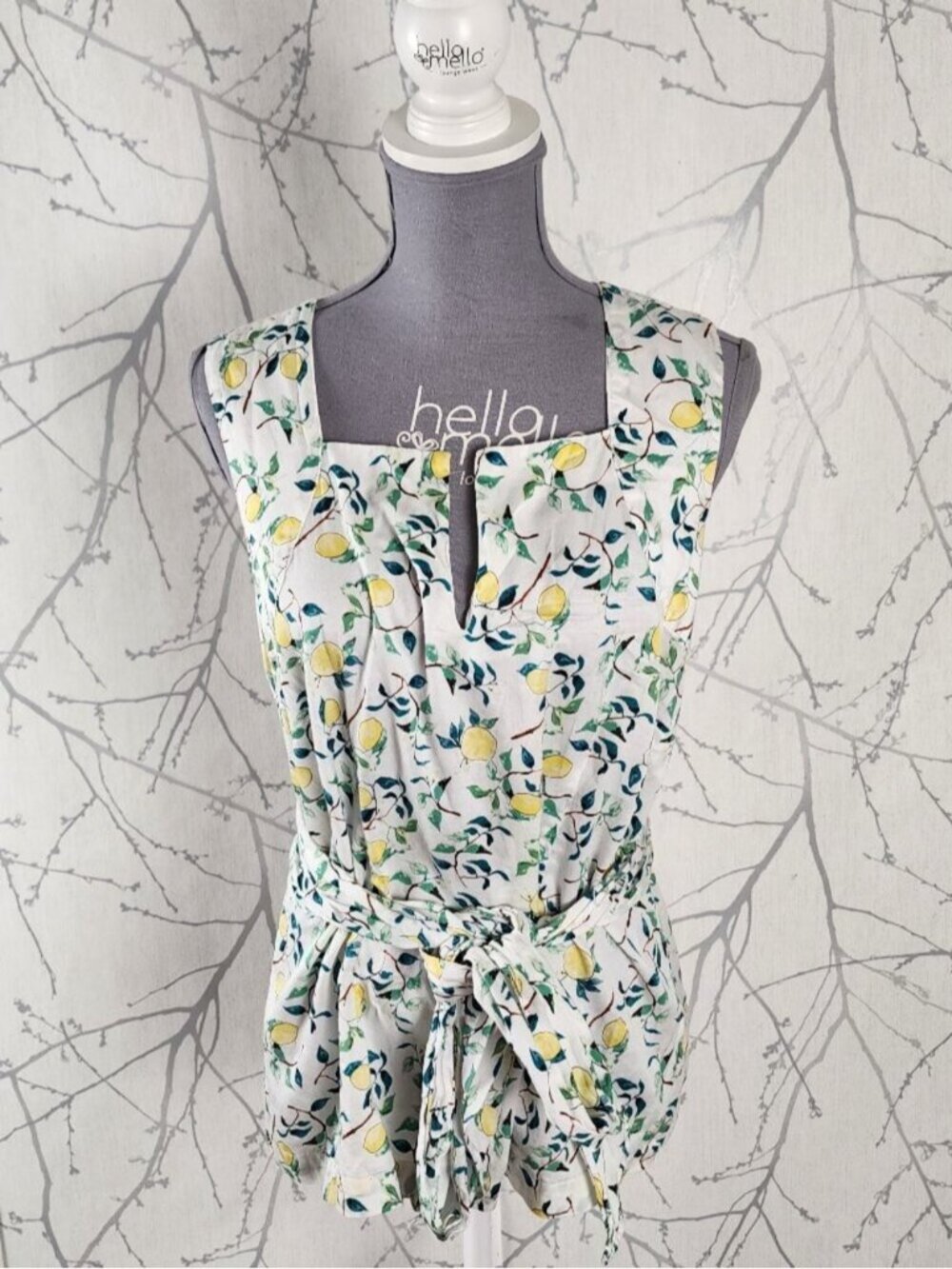 Tristan Lemon Branch Print Cotton Split Square Neck Tank